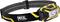 A black-and-yellow Petzl headlamp with an adjustable strap and two front LEDs, shown on a white background.