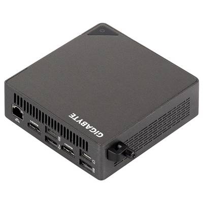 Black Gigabyte mini PC with multiple front ports, shown in three-quarter view on a white background.