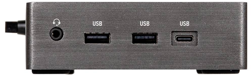 Front view of a brushed-metal device panel with a headphone jack and three USB ports labeled 'USB'.