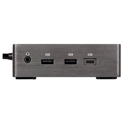 Front view of a brushed-metal device panel with a headphone jack and three USB ports labeled 'USB'.