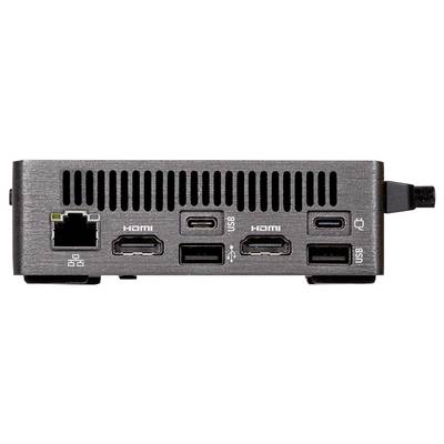 Close-up of a small computer’s back panel with Ethernet, two HDMI ports, two USB-C ports, and two USB-A ports labeled for connectivity.