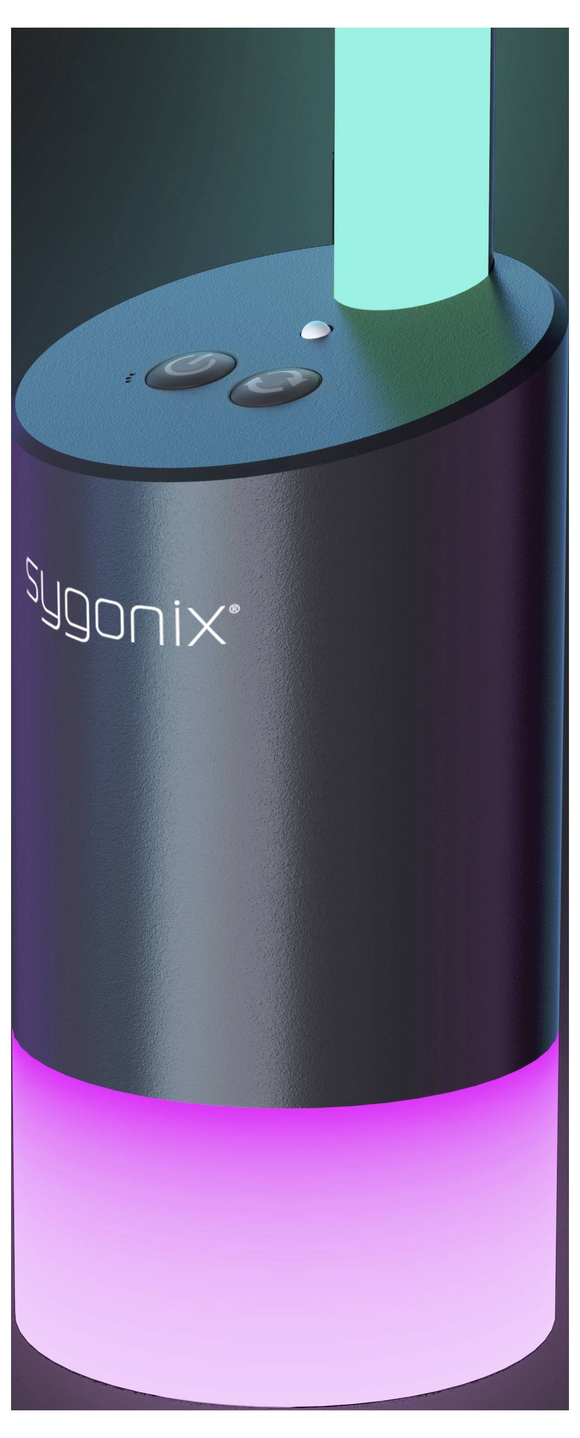 A glowing cylindrical Sonix device with a cyan top light and pink-purple base on a dark background.