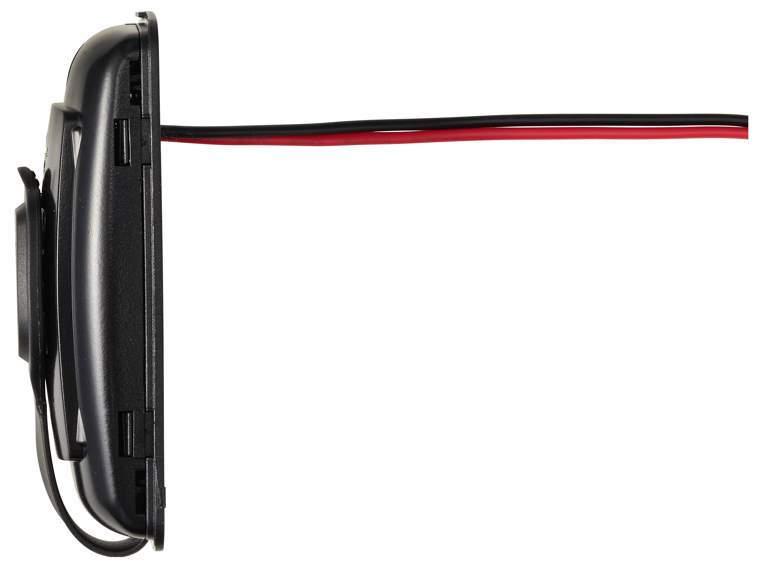 Side view of a black computer cooling fan with red and black power wires extending to the right.<br>
