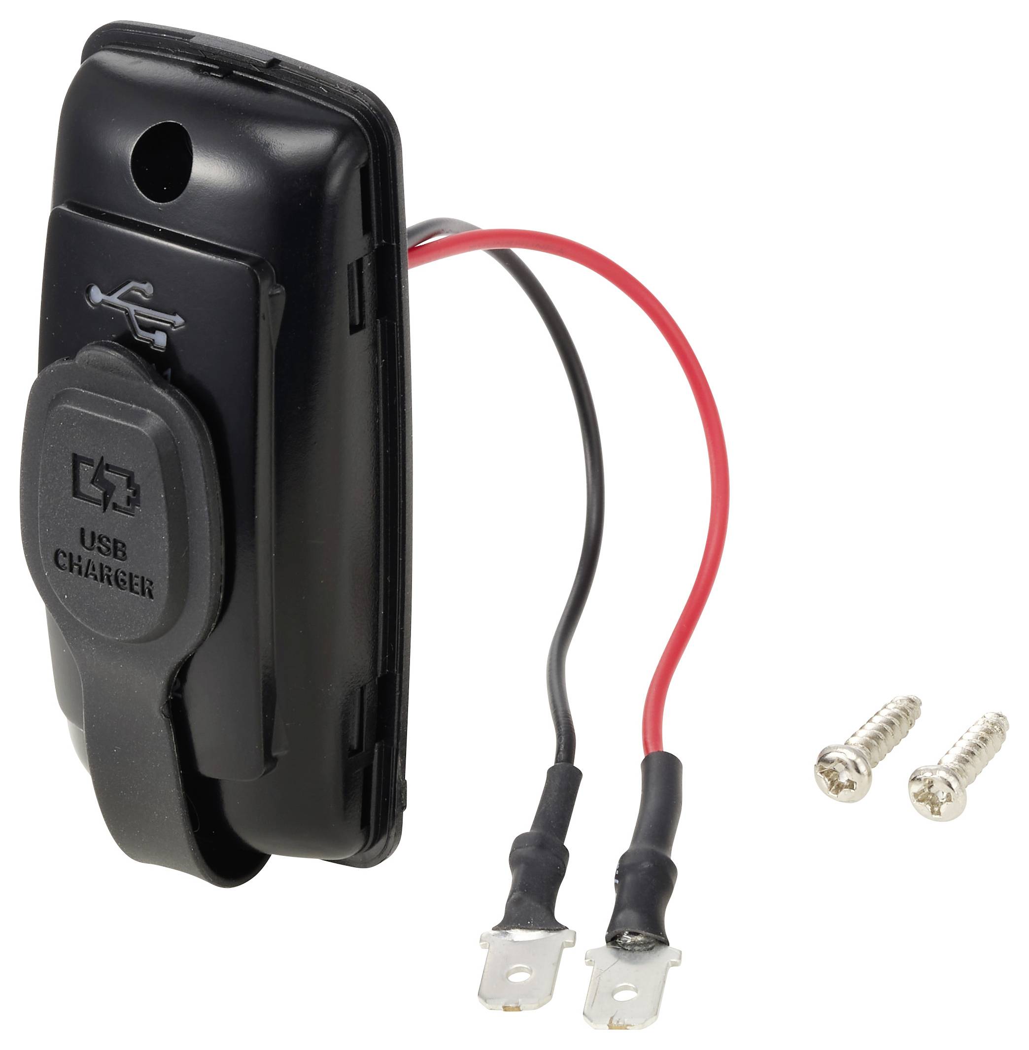 Black USB charger accessory with red and black wires and two mounting screws.
