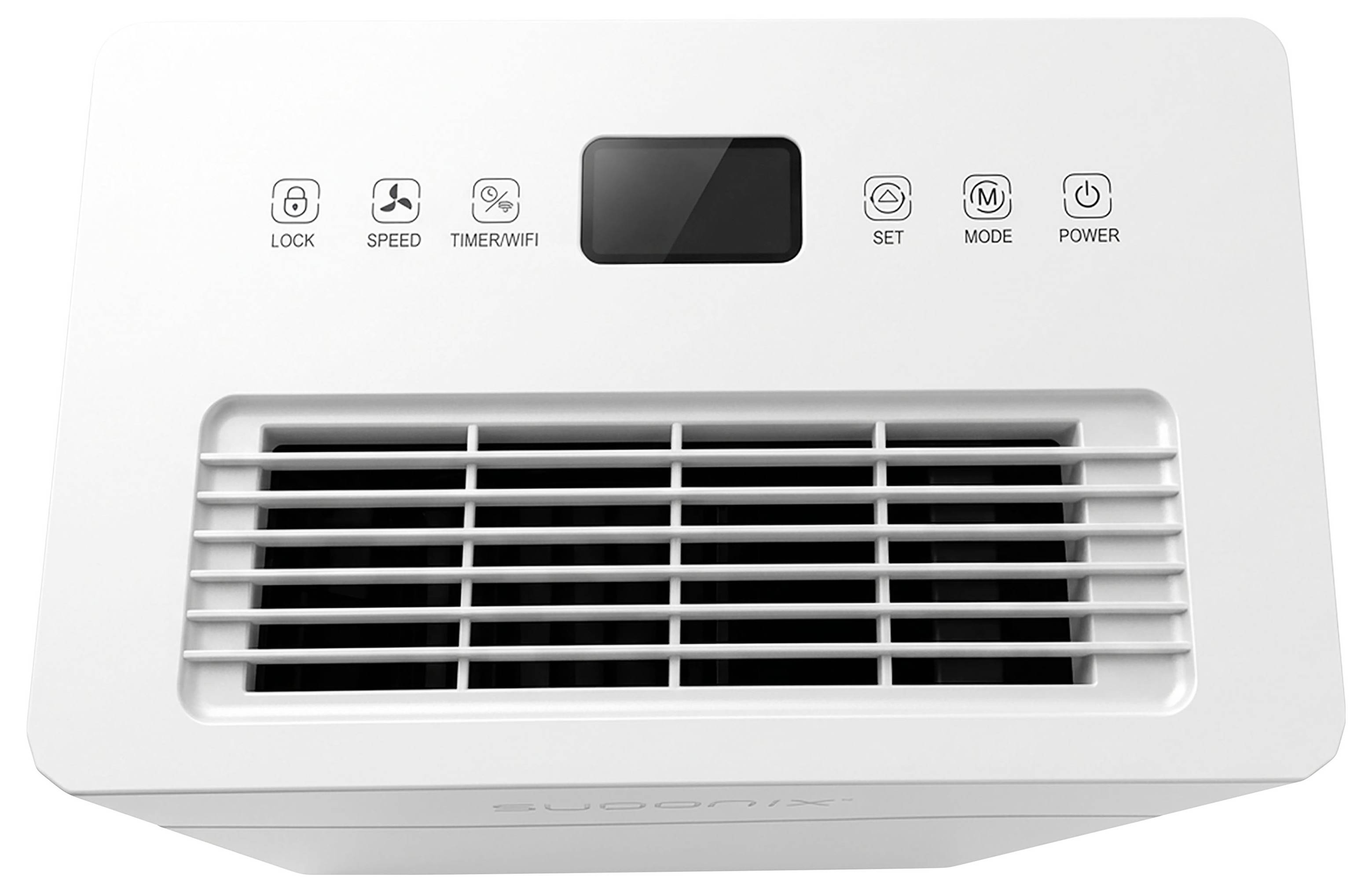 White portable air conditioner front panel with digital display, buttons labeled Lock, Speed, Timer/WiFi, Set, Mode, and Power, plus vent grille.