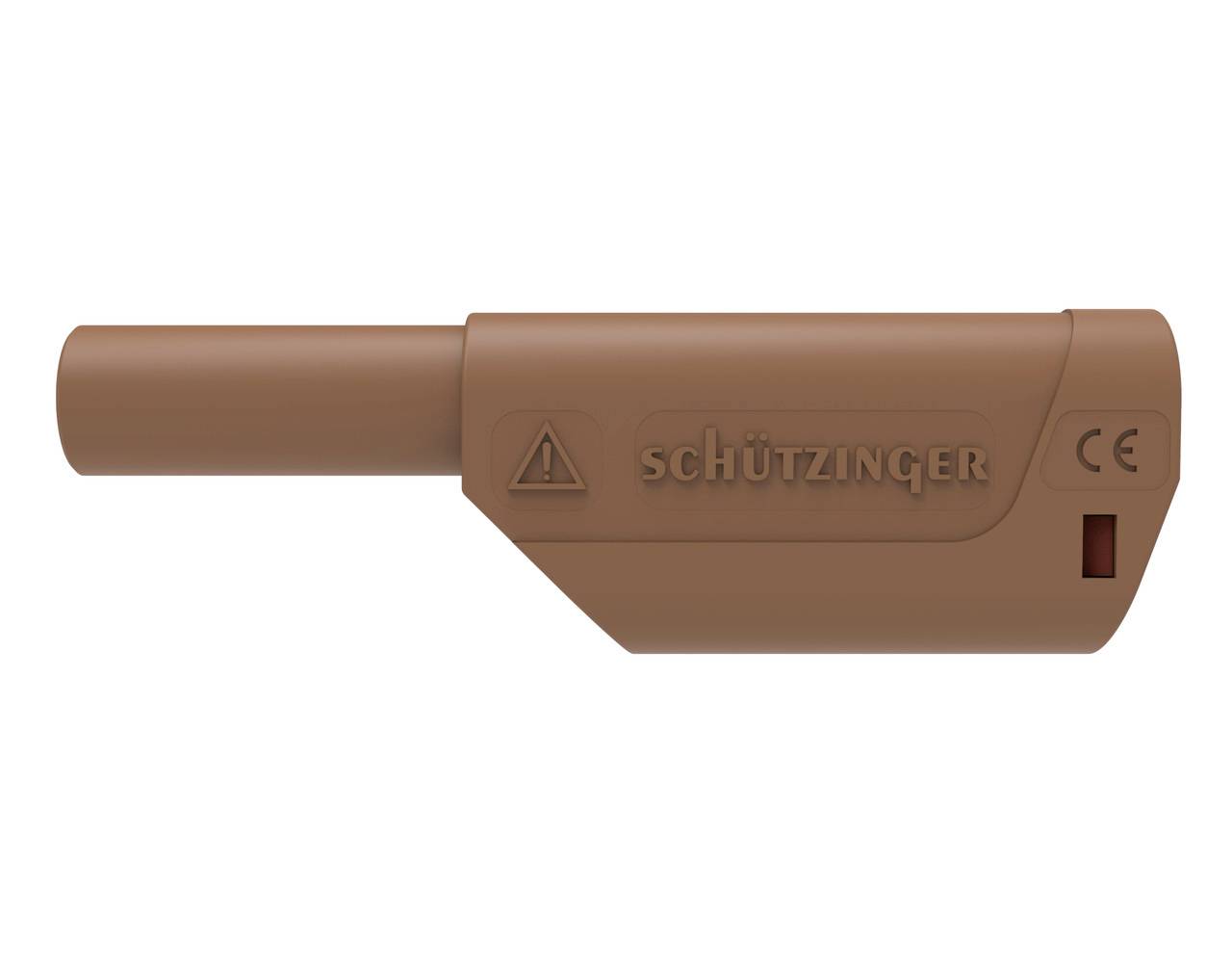 Brown insulated electrical connector or test probe housing labeled 'schützinger' with warning and CE markings on a white background