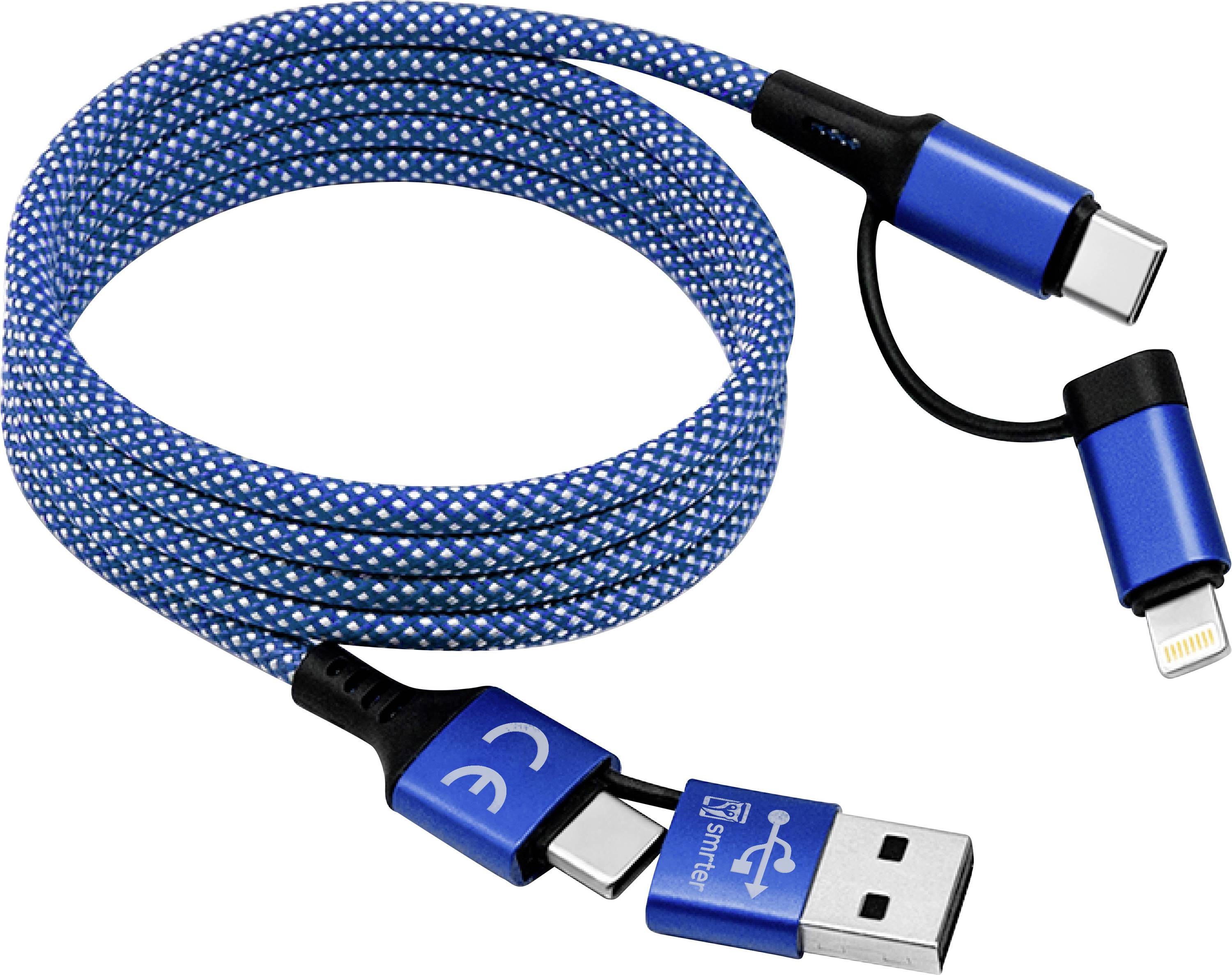 Blue braided charging cable with USB-A, USB-C, and Lightning connectors on a white background.