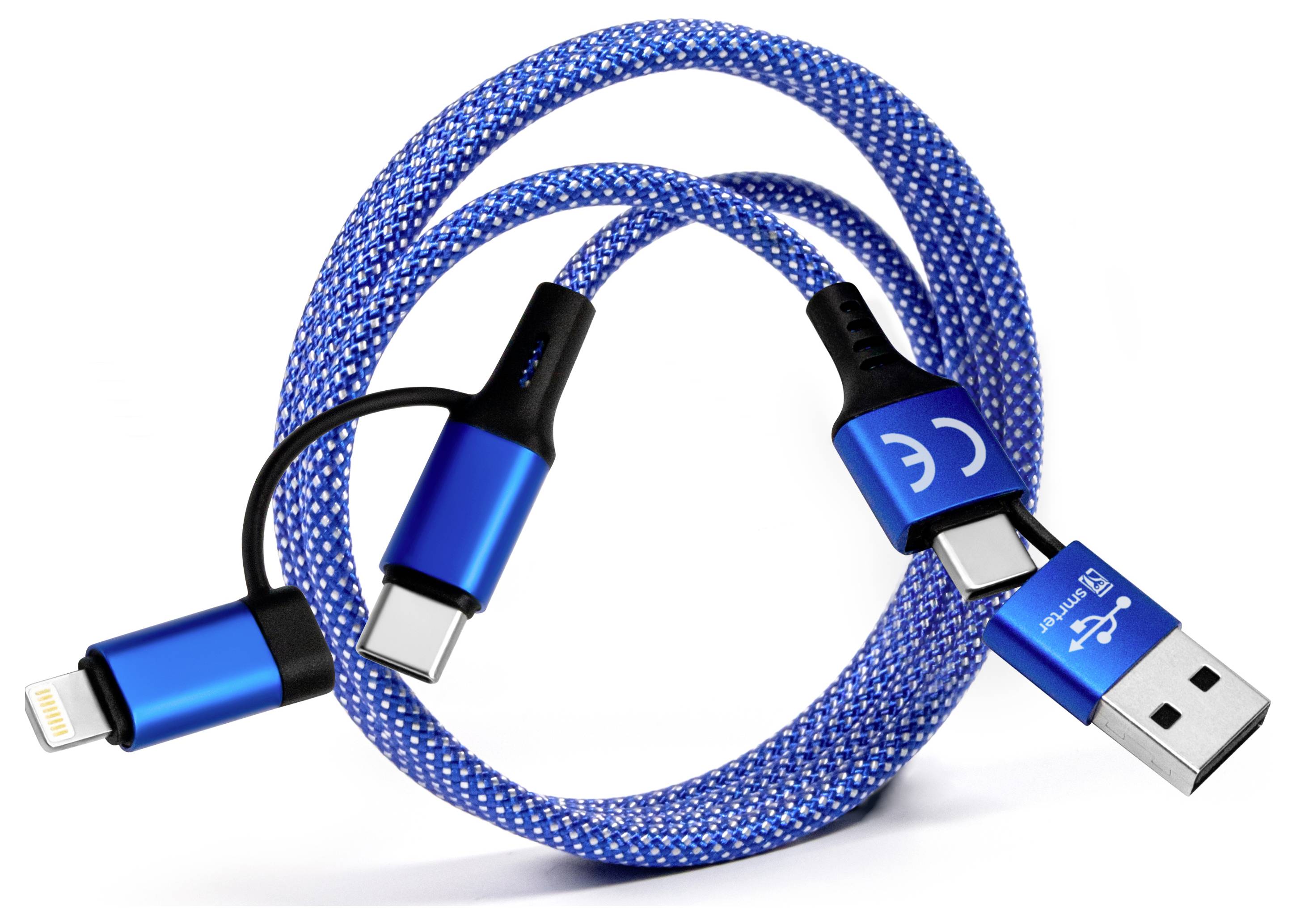 Blue braided USB charging cable with Lightning and USB connectors, coiled on a white background.