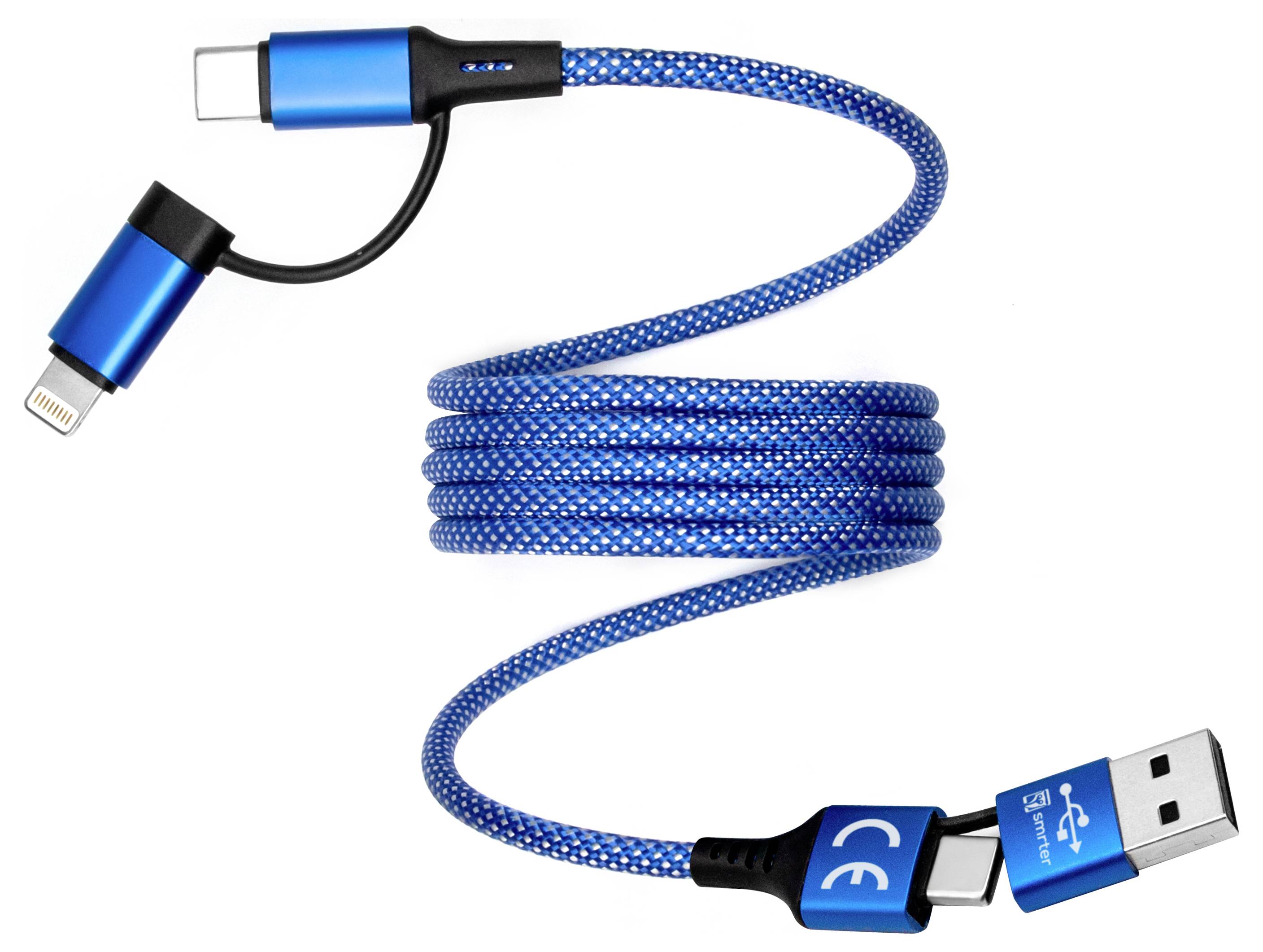 Blue braided 3-in-1 charging cable with USB-A, USB-C, and Lightning connectors on a white background.
