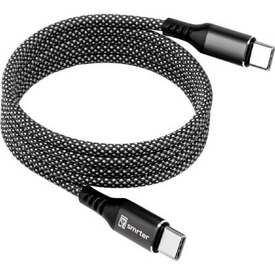 Braided black USB-C charging cable with connectors on both ends, coiled on a white background.