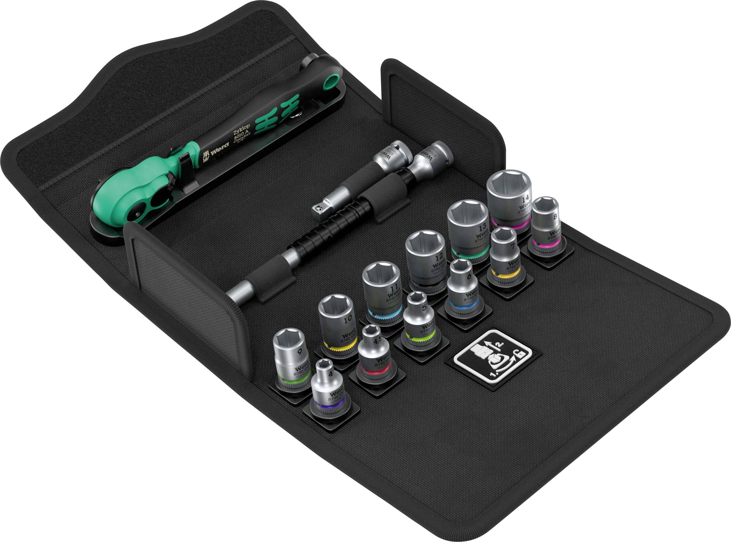 Black tool case with a ratchet wrench, extension bars, and multiple chrome sockets organized in foam slots.<br>