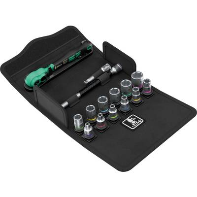 Black tool case with a ratchet wrench, extension bars, and multiple chrome sockets organized in foam slots.<br>