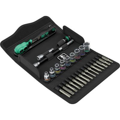 A compact black tool case with a ratchet, extension bars, socket adapters, and multiple color-ringed sockets and bits neatly organized inside.
