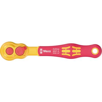 Red Wera Zyklop 8007 A VDE 1/4-inch ratchet handle with yellow accents and two red buttons on the left end.
