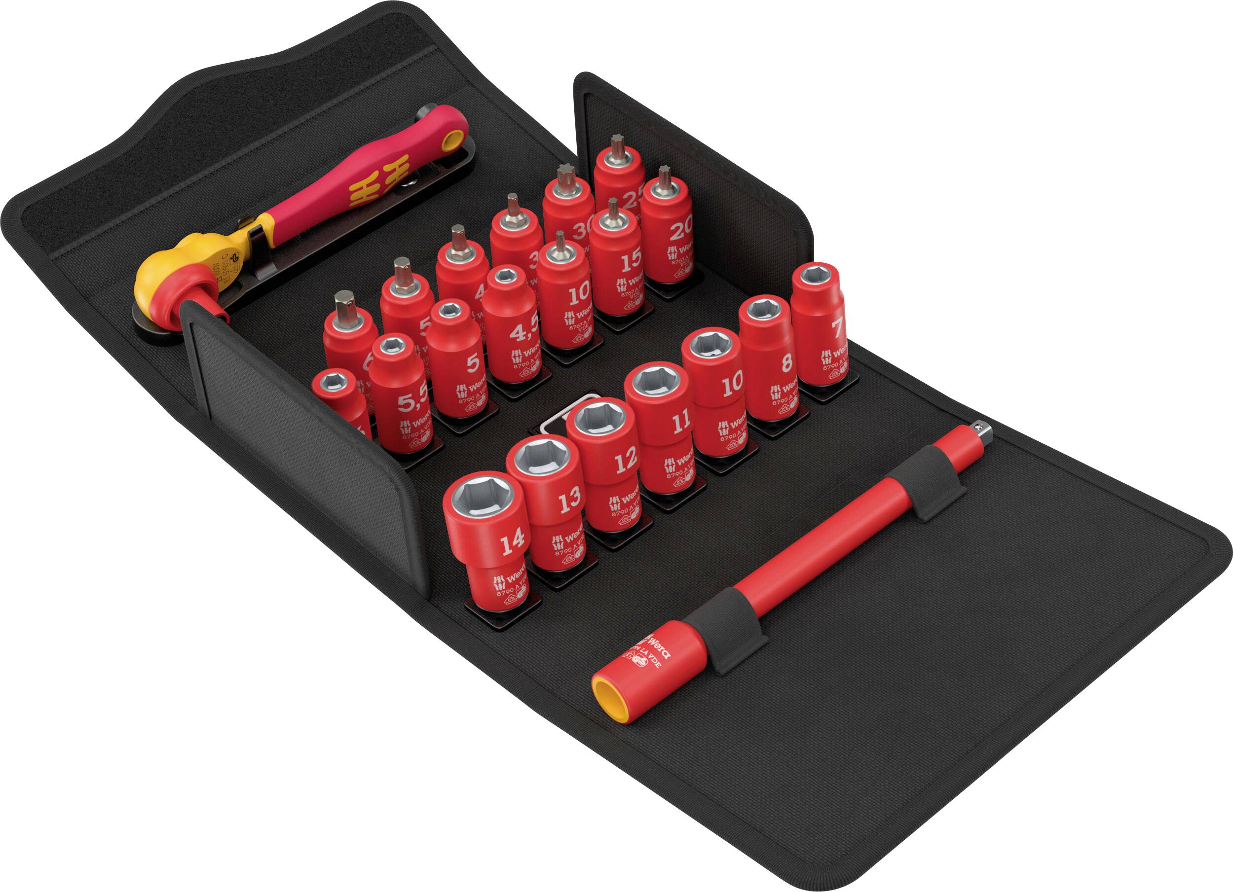 Socket wrench and red socket set arranged in a black tool tray, with two red-and-black hand tools included.