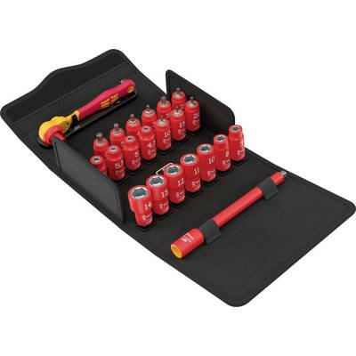 Socket wrench and red socket set arranged in a black tool tray, with two red-and-black hand tools included.