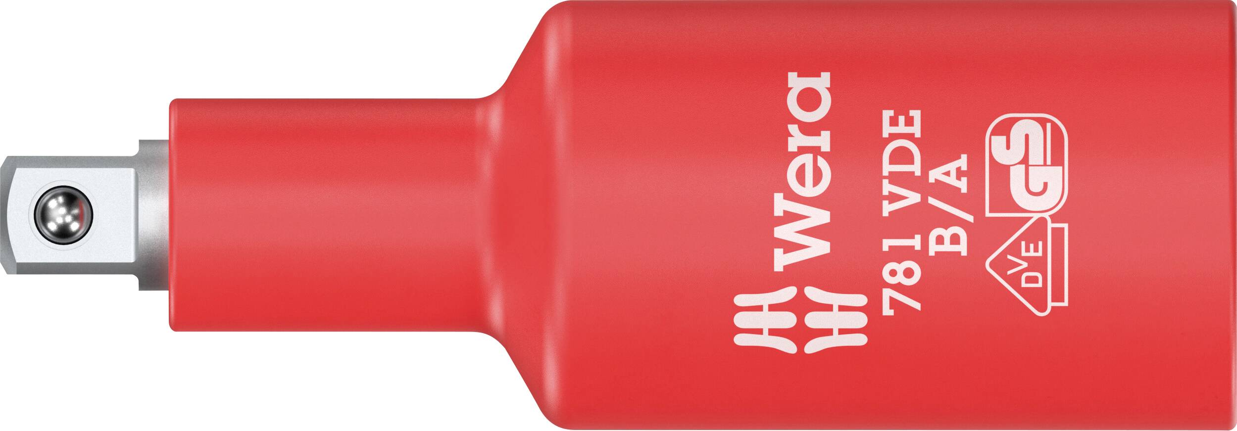 Red insulated screwdriver bit socket adapter with a metal drive end, labeled 'Wera 781 VDE B/A'.