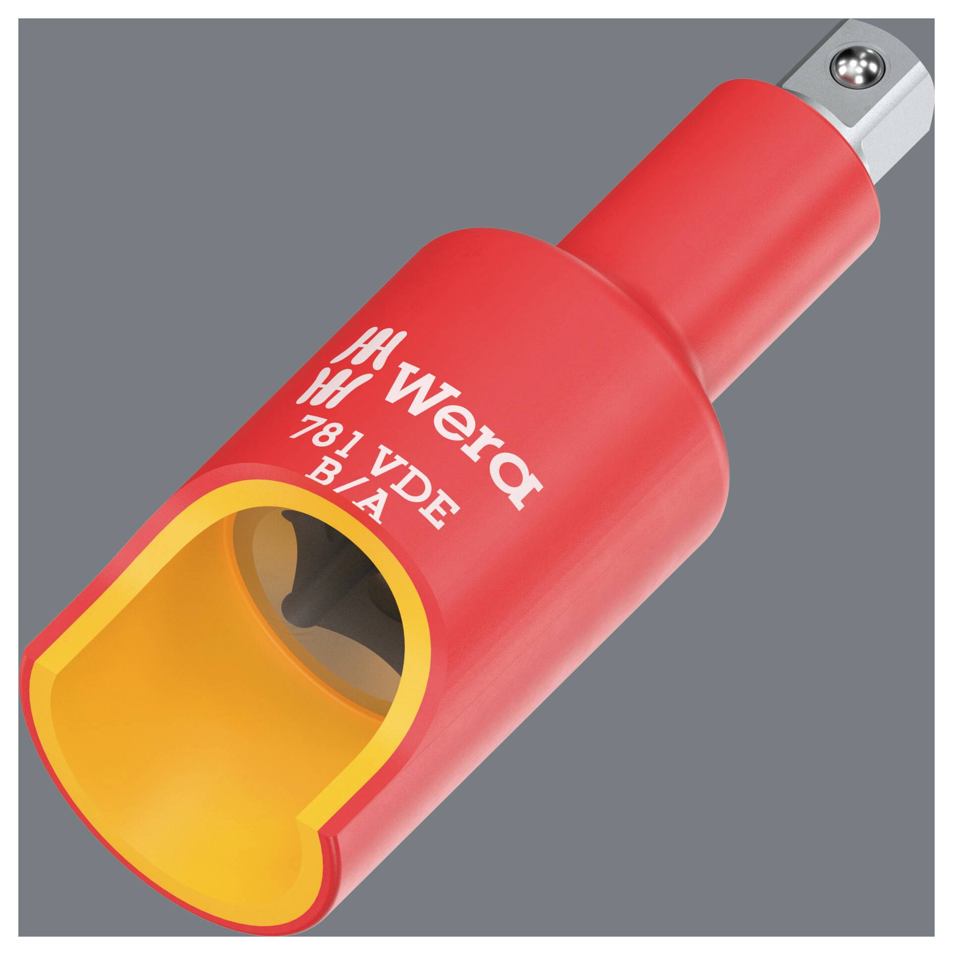 Close-up of a red Wera 781 VDE insulated socket adapter with a square drive, shown on a gray background.