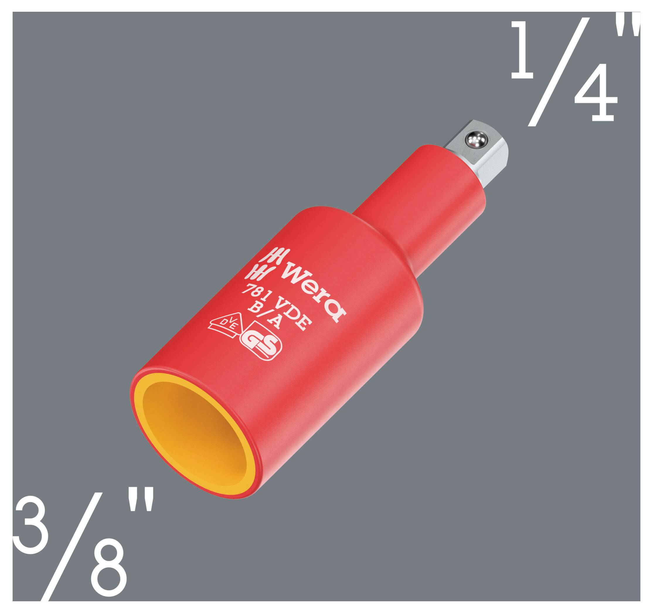 Red 3/8-inch to 1/4-inch socket adapter shown on a gray background with size labels 3/8 and 1/4.<br>