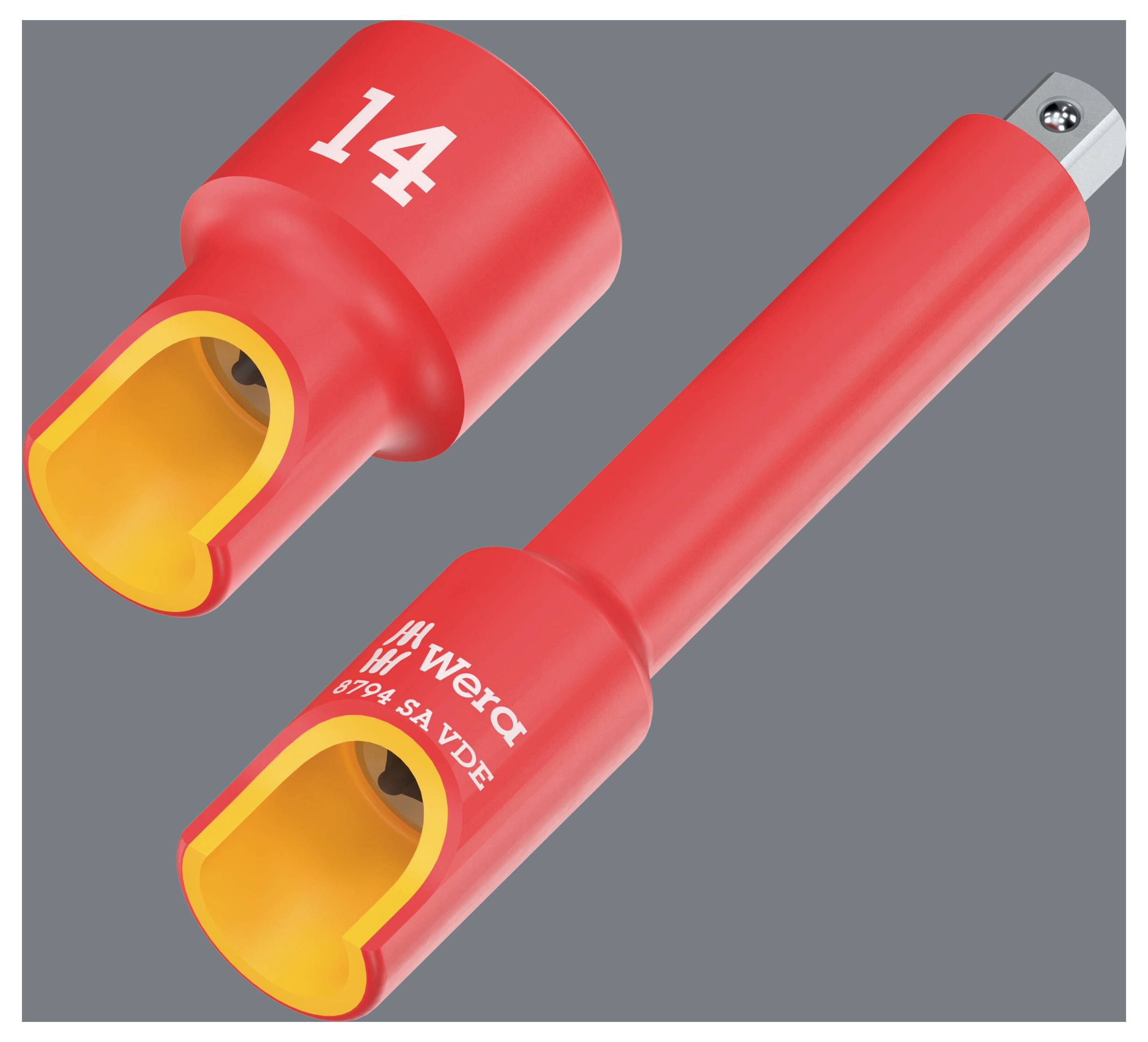 Two red insulated electrical cable connectors with yellow interiors, one marked '14' and the other 'Wera'; one shows a metal crimp end.