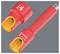 Two red insulated electrical cable connectors with yellow interiors, one marked '14' and the other 'Wera'; one shows a metal crimp end.
