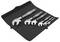 Set of five adjustable wrenches arranged on a black roll-up tool pouch.