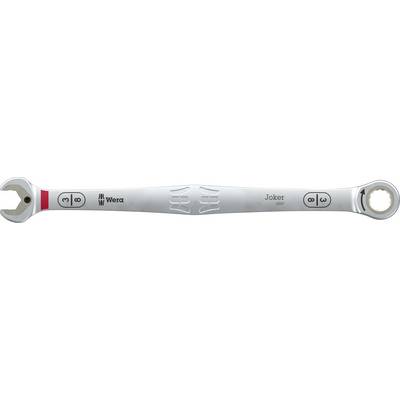 Close-up of a silver Wera Joker wrench with an open-end jaw on one end and a ring on the other, shown horizontally.<br>