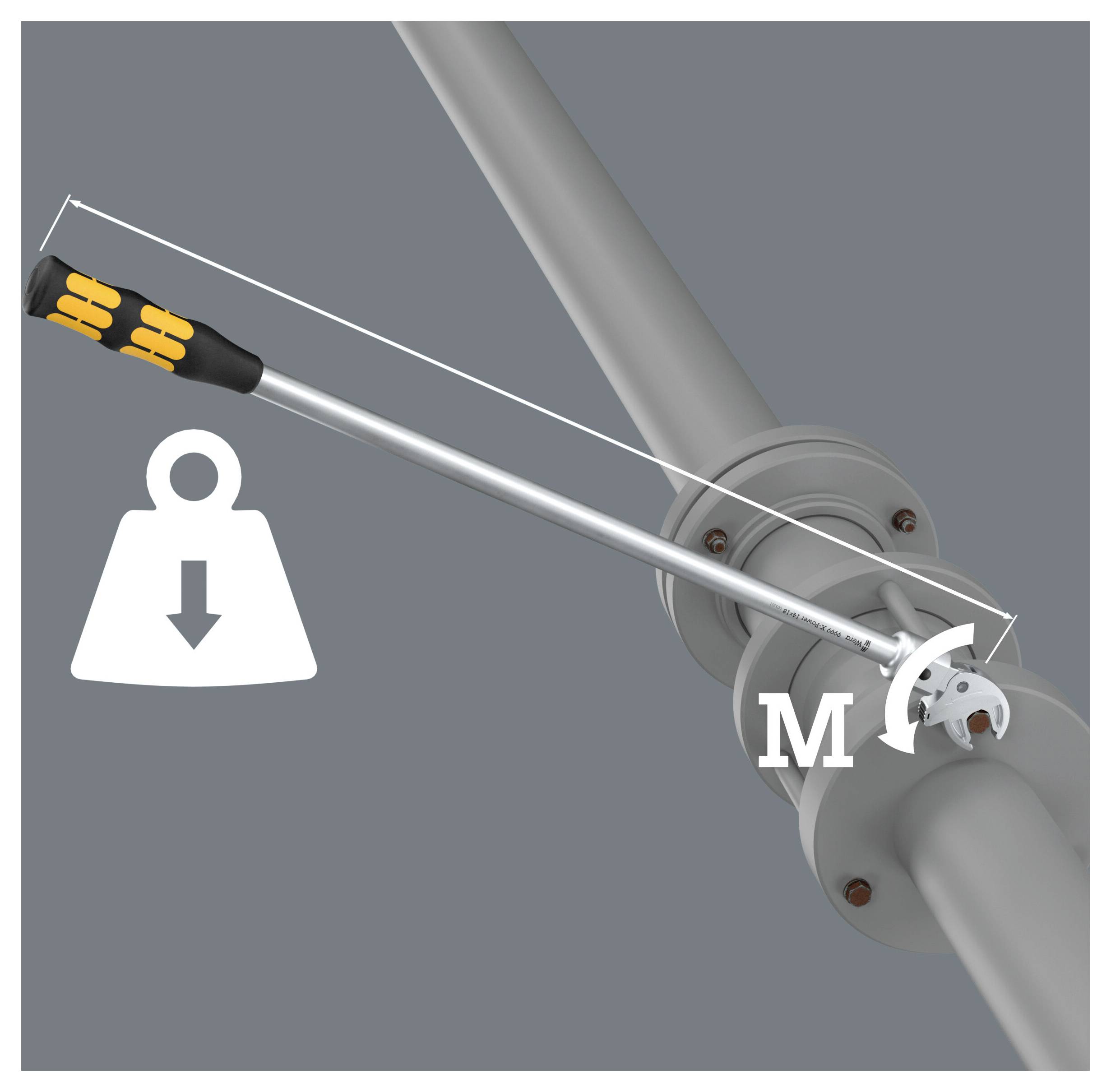 Diagram of a lever arm on a rotating shaft, showing a measured distance labeled 'M' and a weight icon indicating applied load or torque.