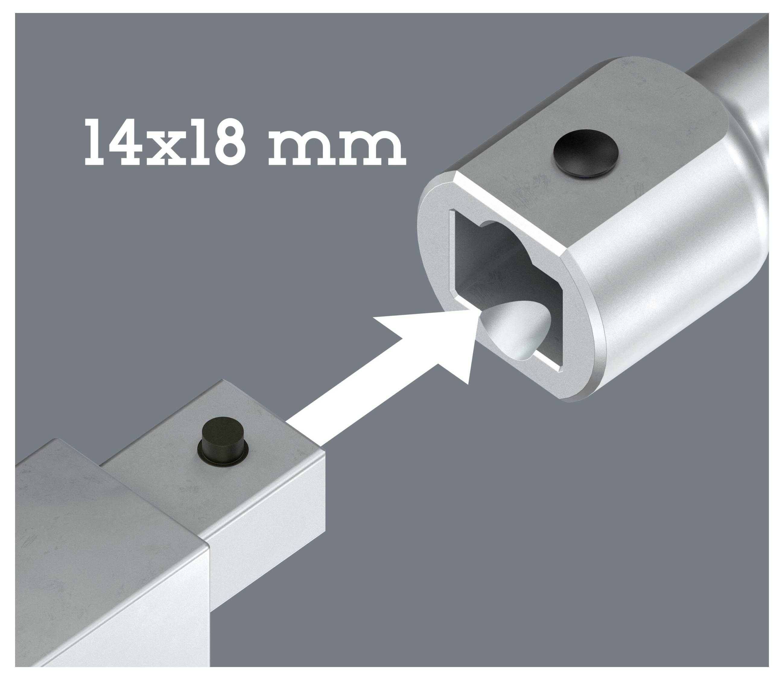 Metal connector assembly with arrow showing a 14x18 mm matching part insertion into the socket end.<br>