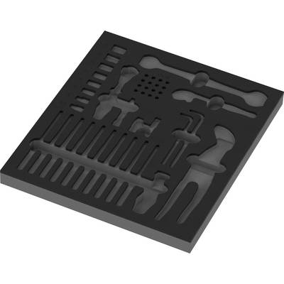 Black foam insert with cutouts for a hand tool set, including wrenches, screwdrivers, pliers, and bits.<br>
