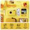 Yellow Kodak instant camera kit with USB-C cable, Zink starter pack, quick start guide, and accessories arranged on a bright yellow background.