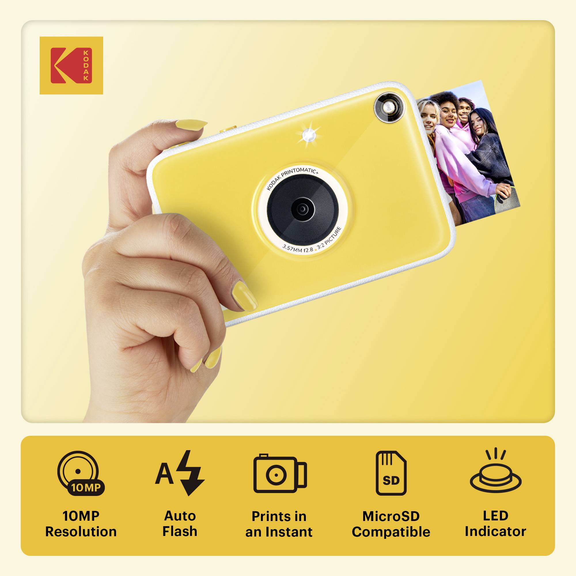 Hand holding a yellow Kodak instant-print camera with photo emerging; bottom icons highlight 10MP, auto flash, instant print, MicroSD compatibility, and LED indicator.