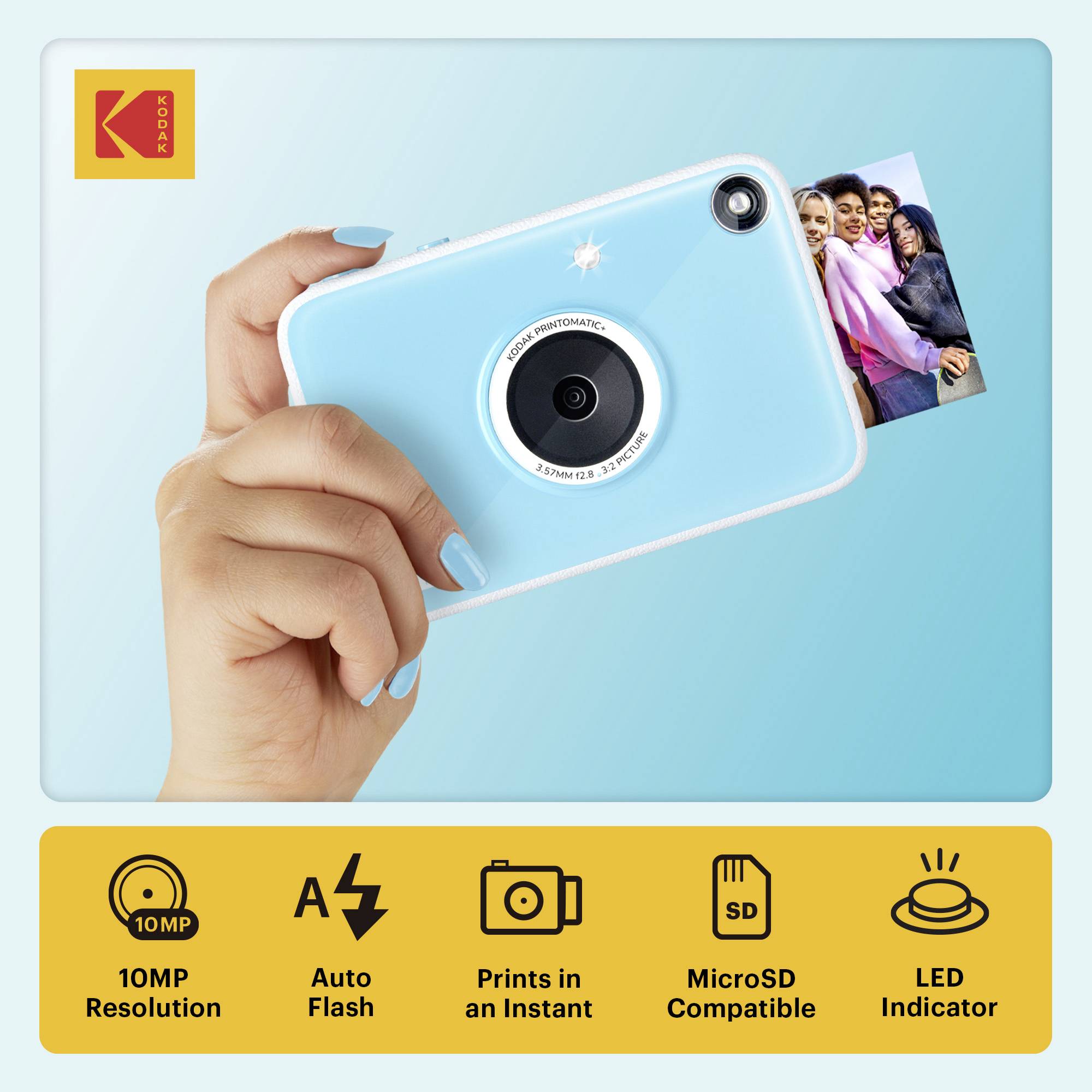 Hand holding a turquoise instant camera printing a group photo; feature icons show 10MP resolution, auto flash, instant prints, MicroSD compatibility, and LED indicator.