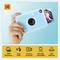 Hand holding a turquoise instant camera printing a group photo; feature icons show 10MP resolution, auto flash, instant prints, MicroSD compatibility, and LED indicator.