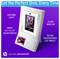 HP Sprocket photobooth device on purple background, showing a tilting touchscreen, built-in flash, LED ring light, and 3.5 x 4.25-inch color photo prints.