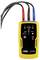 Yellow and black electrical phase rotation tester with three connected leads labeled L1/U/A, L2/V/B, and L3/W/C, showing indicator lights and an ON button.