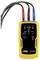 Handheld three-phase electrical phase rotation tester with yellow casing, three labeled leads (L1, L2, L3), indicator lights, and ON button.