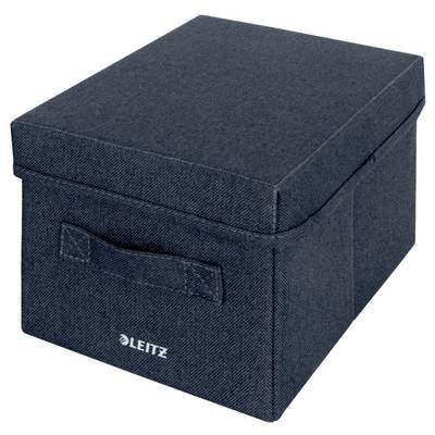 Dark blue Leitz fabric storage box with lid and front handle on a white background.