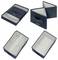 Collapsible fabric storage box shown in four views, including open, folded, and interior angles, with a handle on the front.<br>