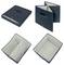 Collage of a navy fabric storage organizer shown closed, open, and from above, with a light-colored interior and divided compartments.