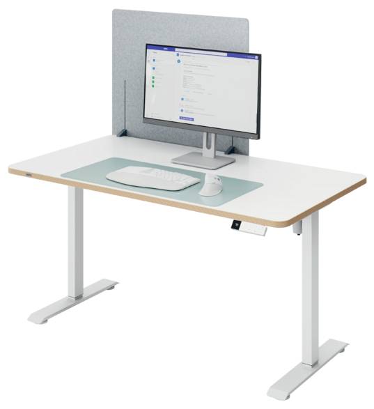 Minimal standing desk setup with monitor, keyboard, and mouse on a white tabletop with teal desk mat.