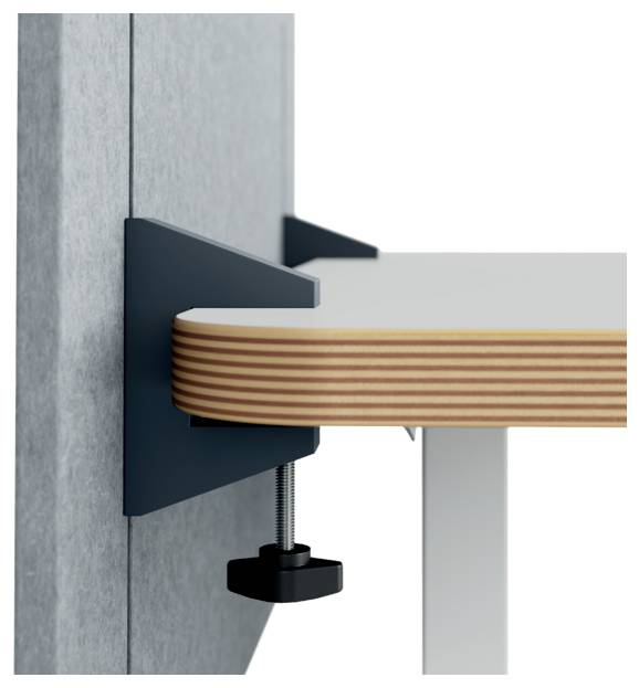 Wall-mounted bracket clamp securely supporting a wooden tabletop beside a vertical wall panel.