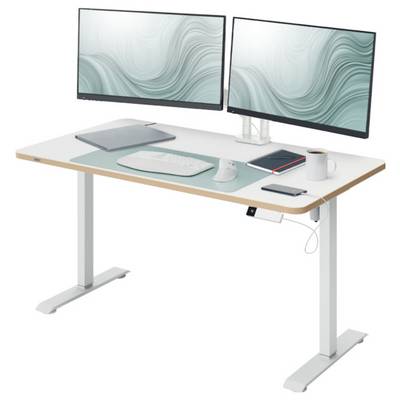 Modern standing desk setup with dual monitors, keyboard, mouse, laptop, notebook, phone, and coffee mug on a white desk.<br>