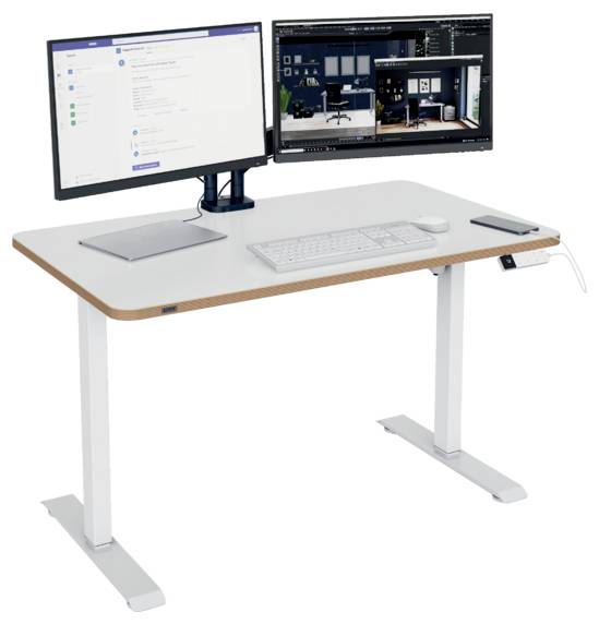 Standing desk setup with dual monitors, keyboard, mouse, tablet, and phone on a white work surface.