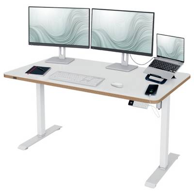 Adjustable standing desk with dual monitors, laptop, keyboard, mouse, tablet, and phone, showing a multi-device workspace setup.