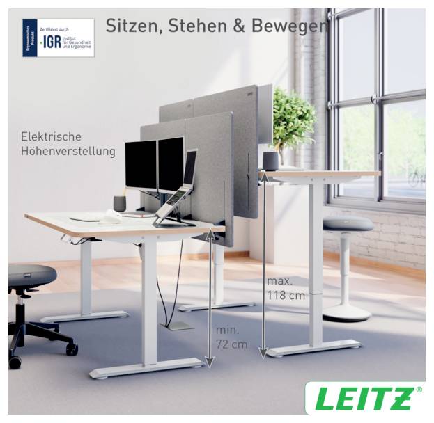 Office desk with electric height adjustment, shown raising from min. 72 cm to max. 118 cm, with dual monitors and laptop; Leitz branding.