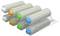 Stack of six cylindrical filter cartridges in gray housings, each with colored end caps: white, orange, green, and blue.