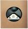 Cardboard box with a circular cutout revealing a black-and-white metal device part with a central screw.<br>