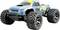 Blue and yellow 4WD off-road RC truck with oversized knobby tires and front bumper on a white background.