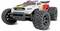Red and white off-road remote-control truck with oversized knobby tires, shown on a white background.